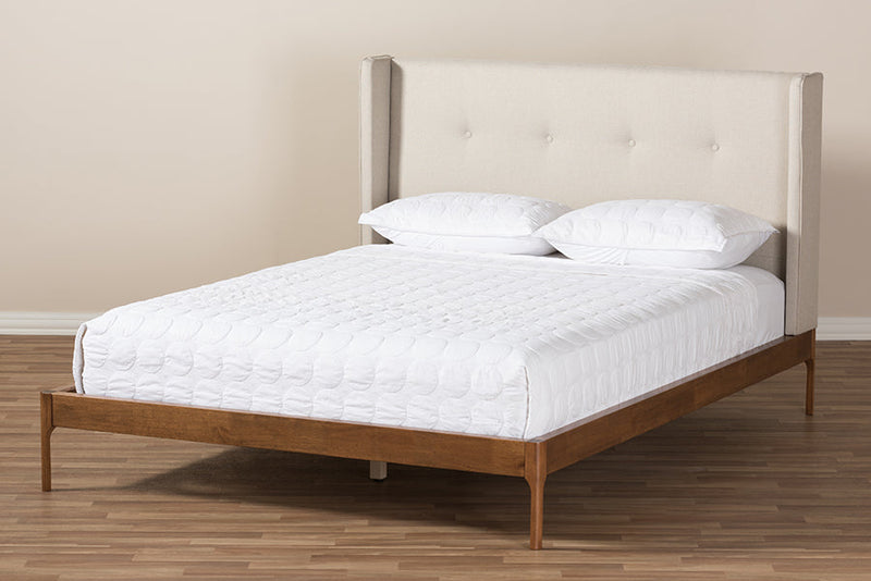 Calder Walnut Wood Beige Fabric King Size Platform Bed Baxton