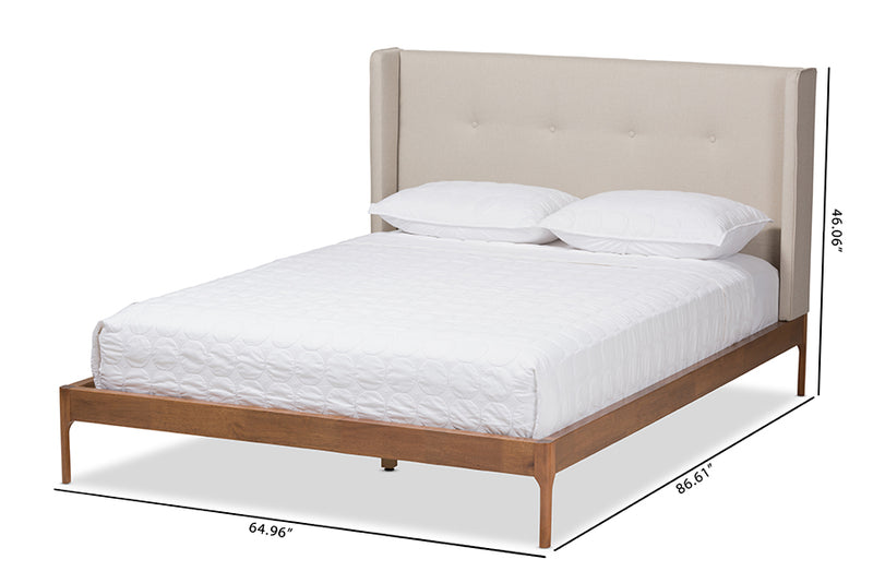 Calder Mid-Century Modern Walnut Wood Beige Fabric Queen Size Platform Bed