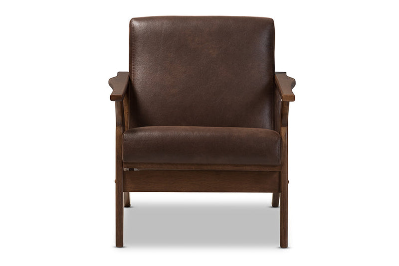 Netherlands Walnut Wood Dark Brown Distressed Faux Leather Lounge Chair Baxton