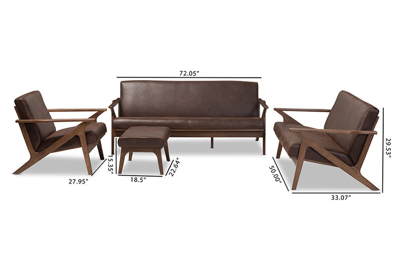 Netherlands Walnut Wood Dark Brown Distressed Faux Leather Livingroom Sofa Set Baxton