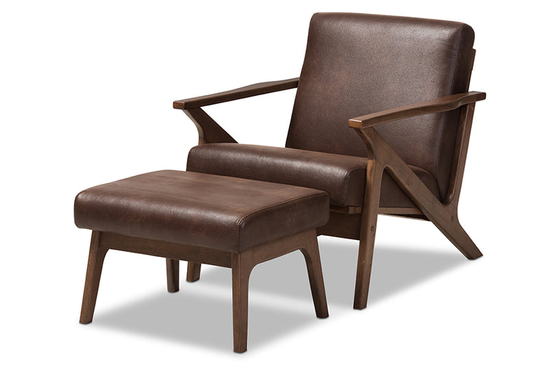 Netherlands Mid-Century Modern Walnut Wood Dark Brown Distressed Faux Leather Lounge Chair And Ottoman Set