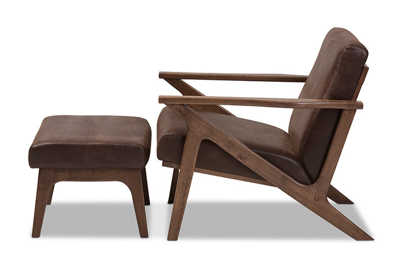Netherlands Dark Brown Distressed Faux Leather Lounge Chair And Ottoman Set Baxton