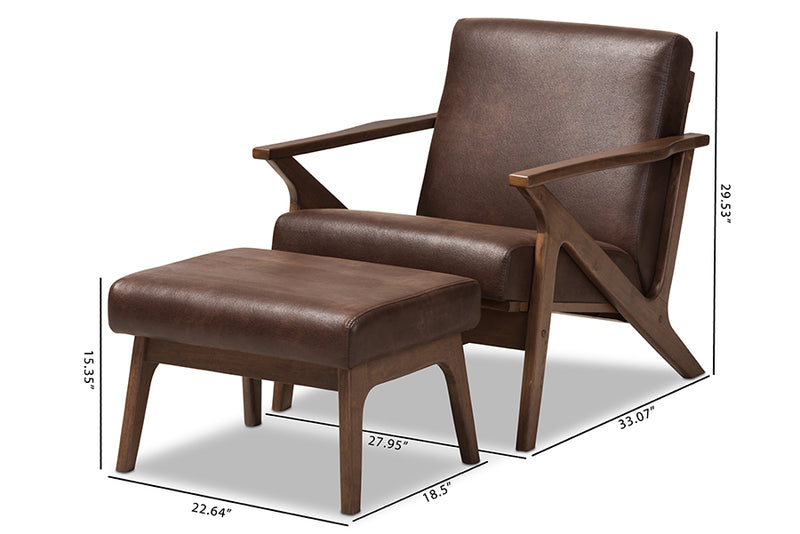 Netherlands Mid-Century Modern Walnut Wood Dark Brown Distressed Faux Leather Lounge Chair And Ottoman Set