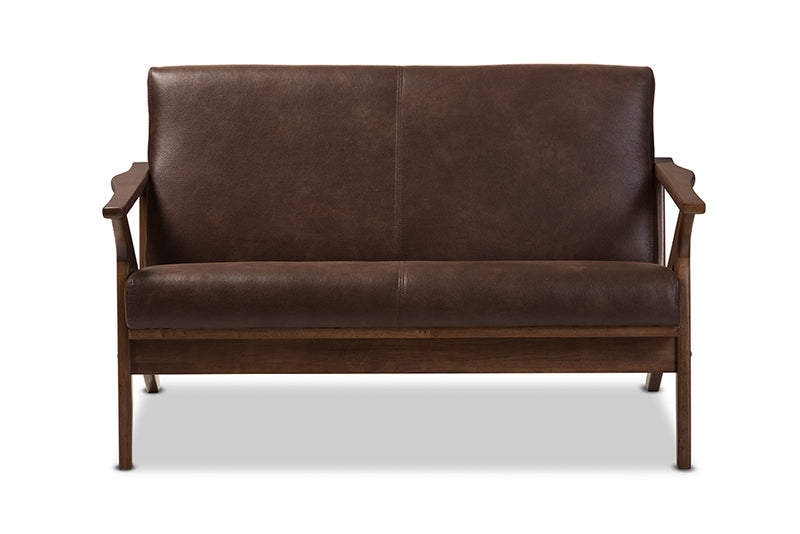 Netherlands Mid-Century Modern Walnut Wood Dark Brown Distressed Faux Leather 2-Seater Loveseat