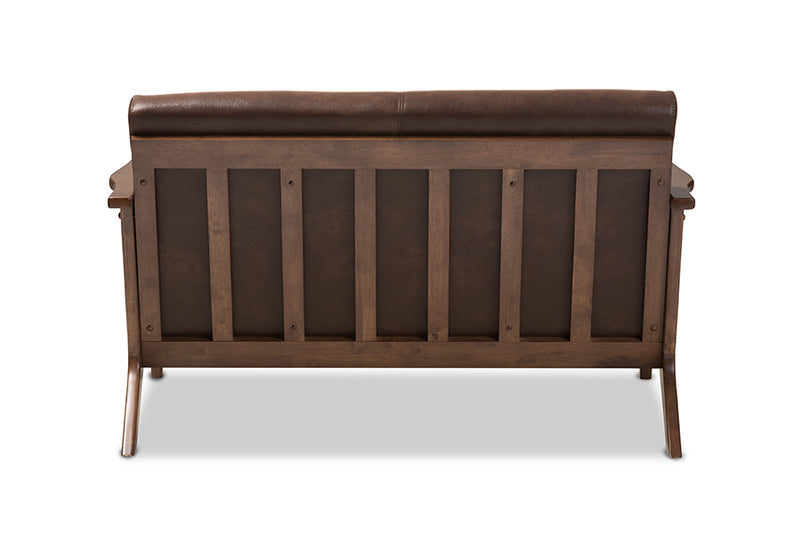 Netherlands Mid-Century Modern Walnut Wood Dark Brown Distressed Faux Leather 2-Seater Loveseat