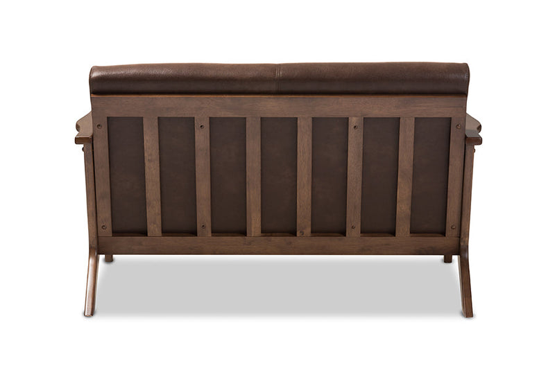 Netherlands Walnut Wood Dark Brown Distressed Faux Leather 2-Seater Loveseat Baxton