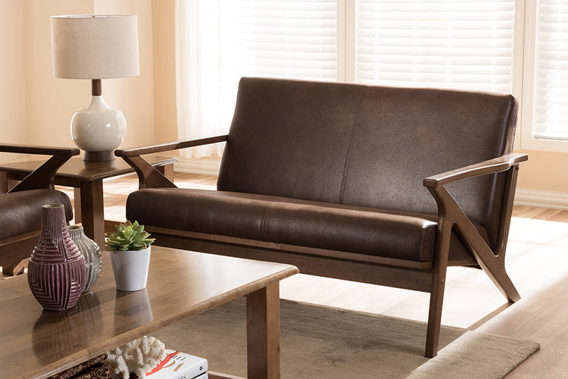 Netherlands Mid-Century Modern Walnut Wood Dark Brown Distressed Faux Leather 2-Seater Loveseat