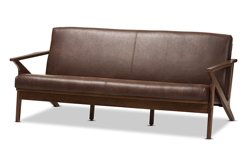 Netherlands Mid-Century Modern Walnut Wood Dark Brown Distressed Faux Leather 3-Seater Sofa