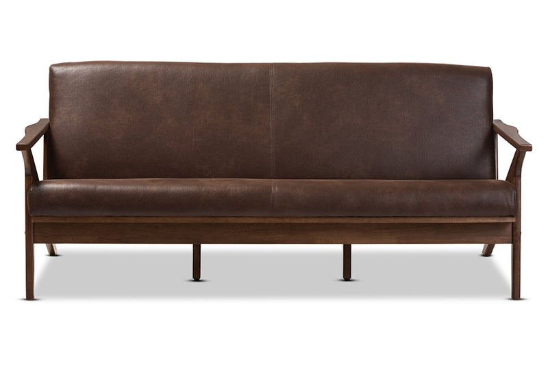 Netherlands Mid-Century Modern Walnut Wood Dark Brown Distressed Faux Leather 3-Seater Sofa