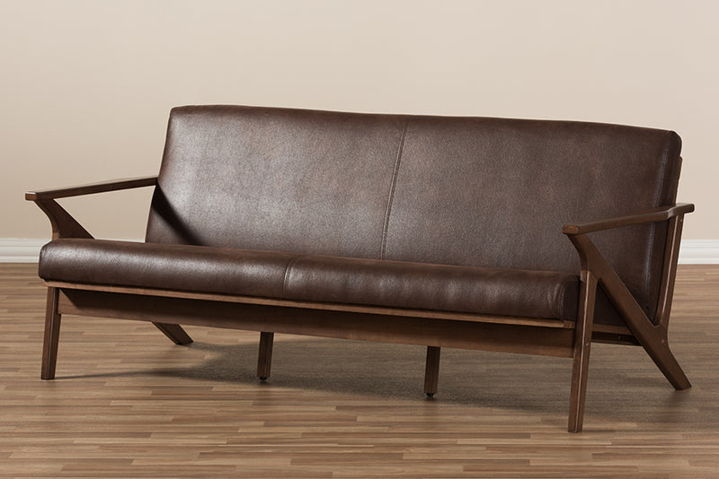 Netherlands Mid-Century Modern Walnut Wood Dark Brown Distressed Faux Leather 3-Seater Sofa