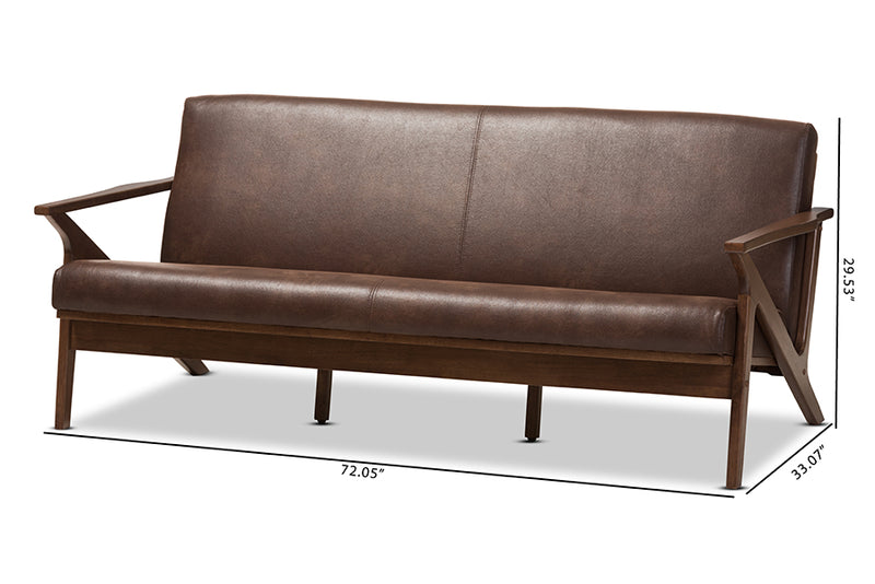 Netherlands Mid-Century Modern Walnut Wood Dark Brown Distressed Faux Leather 3-Seater Sofa