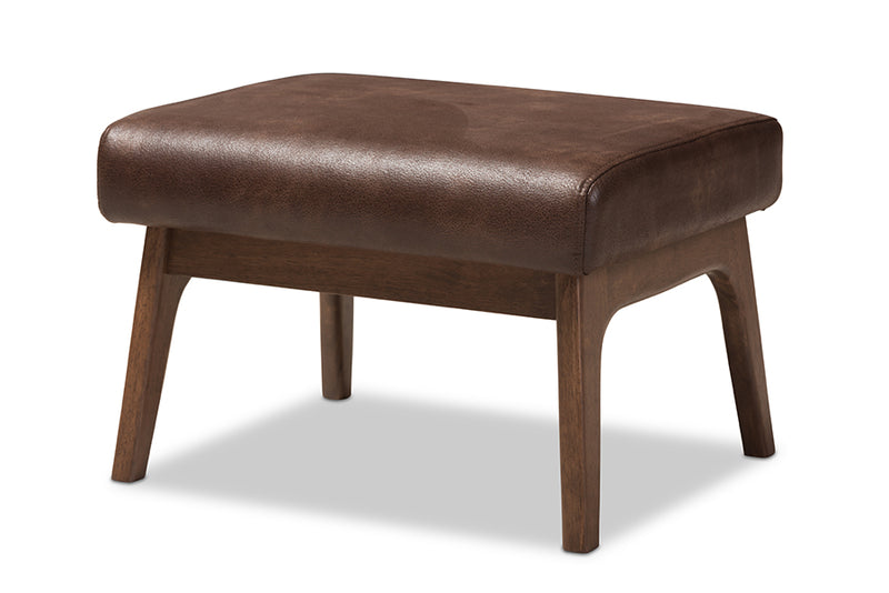 Netherlands Mid-Century Modern Walnut Wood Dark Brown Distressed Faux Leather Ottoman