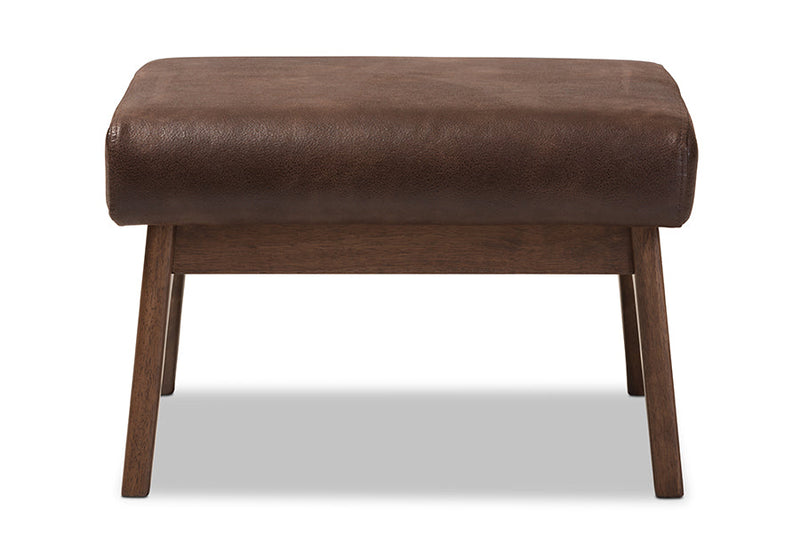 Netherlands Walnut Wood Dark Brown Distressed Faux Leather Ottoman Baxton