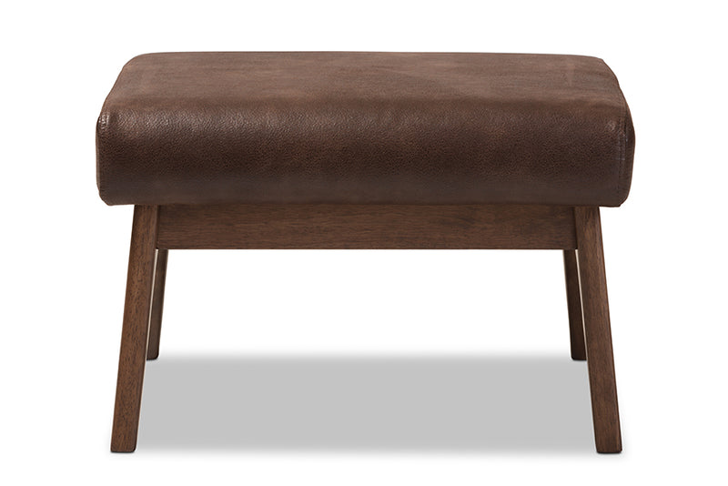 Netherlands Mid-Century Modern Walnut Wood Dark Brown Distressed Faux Leather Ottoman