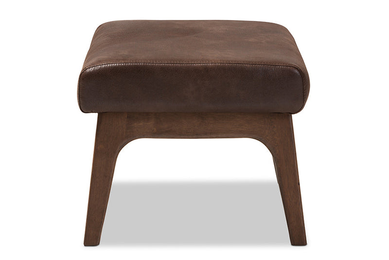 Netherlands Walnut Wood Dark Brown Distressed Faux Leather Ottoman Baxton