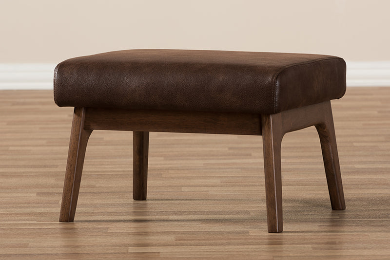 Netherlands Mid-Century Modern Walnut Wood Dark Brown Distressed Faux Leather Ottoman