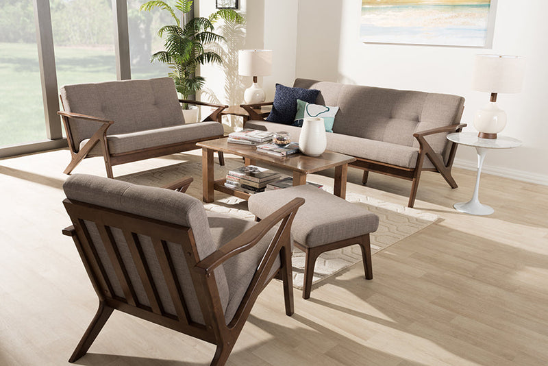 Netherlands Walnut Wood Light Gray Fabric Tufted Livingroom Sofa Set Baxton