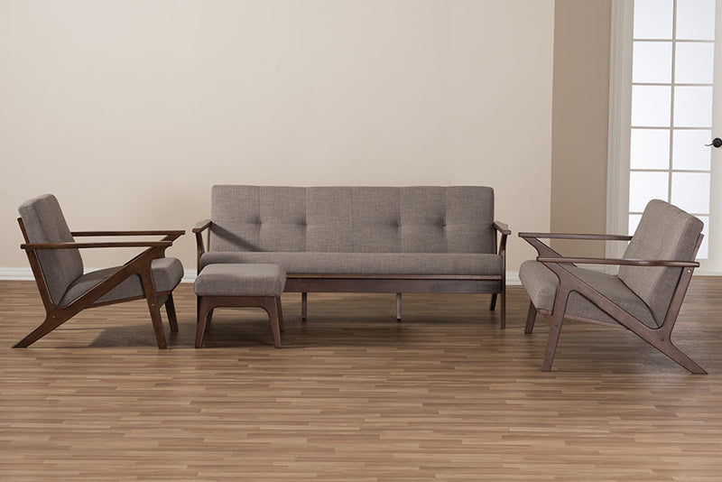 Netherlands Walnut Wood Light Gray Fabric Tufted Livingroom Sofa Set Baxton