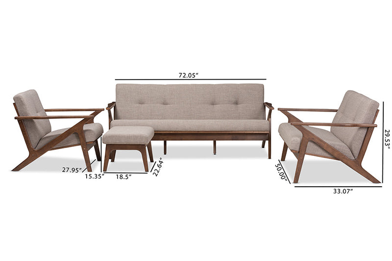 Netherlands Walnut Wood Light Gray Fabric Tufted Livingroom Sofa Set Baxton