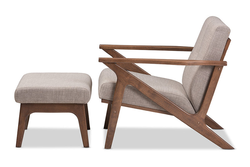 Netherlands Walnut Wood Light Gray Fabric Tufted Lounge Chair And Ottoman Set Baxton