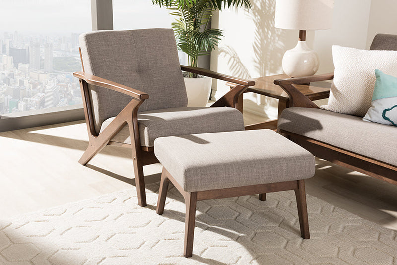 Netherlands Walnut Wood Light Gray Fabric Tufted Lounge Chair And Ottoman Set Baxton