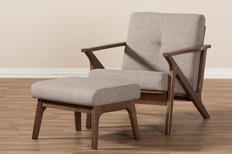 Netherlands Walnut Wood Light Gray Fabric Tufted Lounge Chair And Ottoman Set Baxton