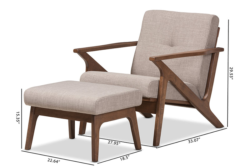 Netherlands Mid-Century Modern Walnut Wood Light Gray Fabric Tufted Lounge Chair And Ottoman Set