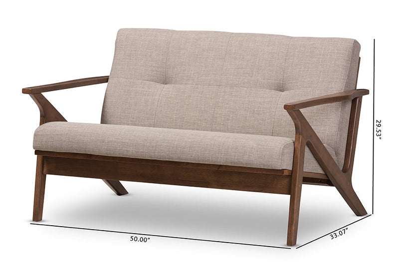Netherlands Walnut Wood Light Gray Fabric Tufted 2-Seater Loveseat Baxton
