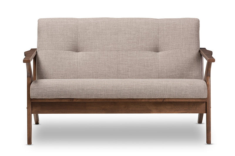 Netherlands Walnut Wood Light Gray Fabric Tufted 2-Seater Loveseat Baxton