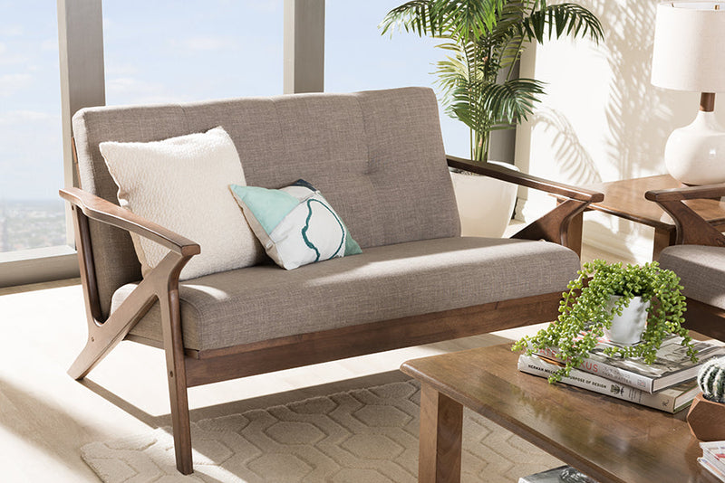 Netherlands Walnut Wood Light Gray Fabric Tufted 2-Seater Loveseat Baxton