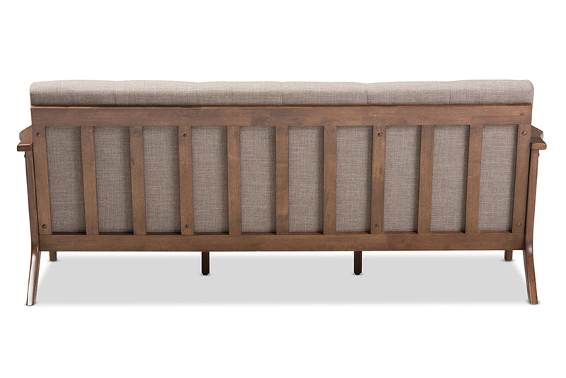 Netherlands Mid-Century Modern Walnut Wood Light Gray Fabric Tufted 3-Seater Sofa