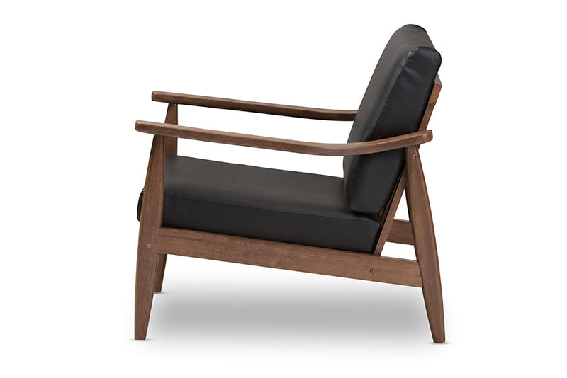 Carrie Walnut Wood Black Faux Leather Lounge Chair Baxton