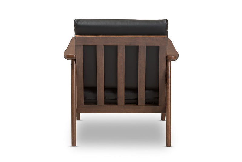 Carrie Walnut Wood Black Faux Leather Lounge Chair Baxton