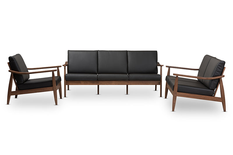 Carrie Mid-Century Modern Walnut Wood Black Faux Leather 3-Piece Livingroom Set