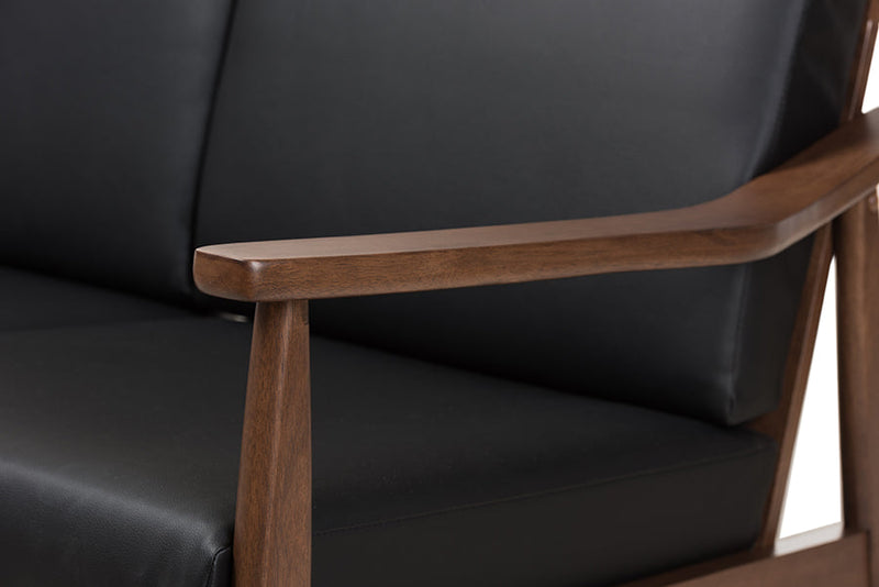 Carrie Walnut Wood Black Faux Leather 3-Piece Livingroom Set Baxton