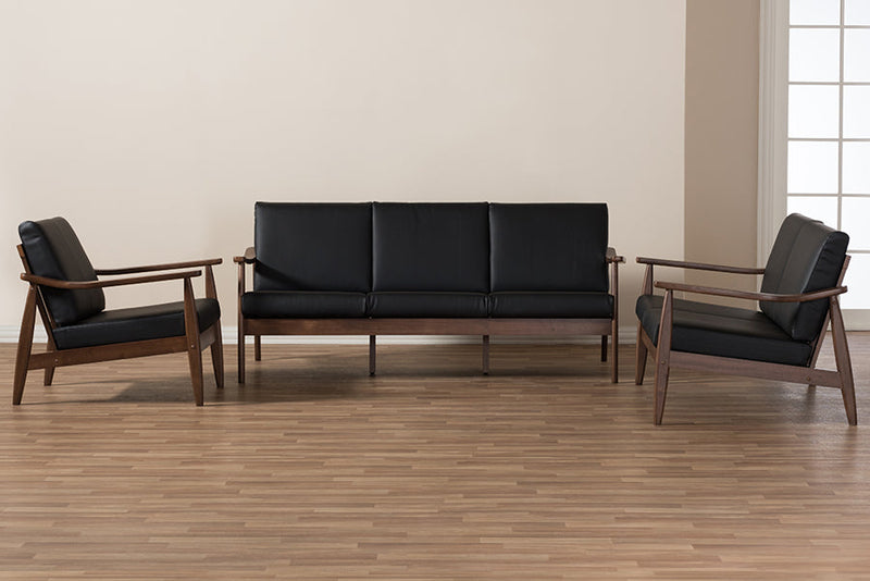 Carrie Walnut Wood Black Faux Leather 3-Piece Livingroom Set Baxton