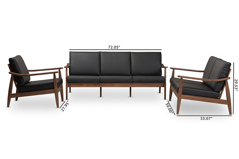 Carrie Mid-Century Modern Walnut Wood Black Faux Leather 3-Piece Livingroom Set