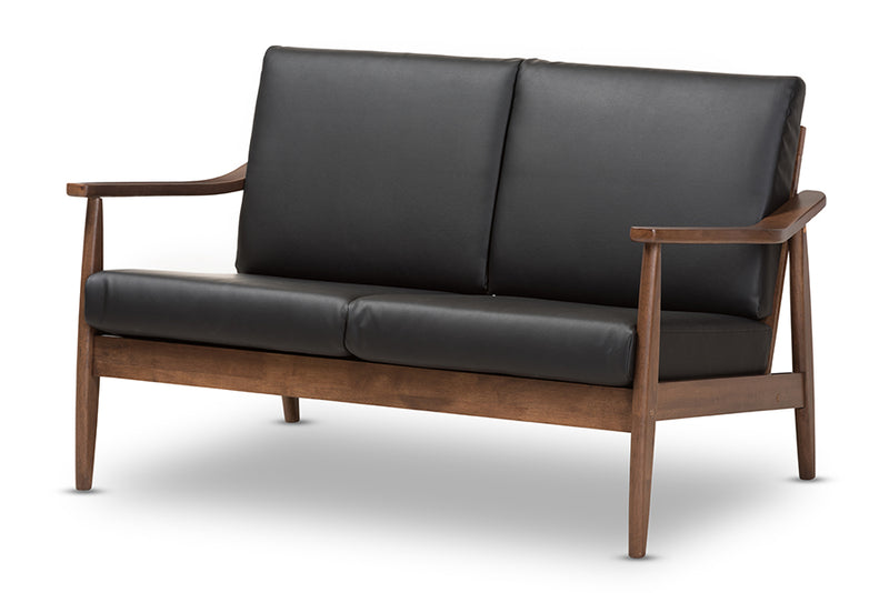 Carrie Mid-Century Modern Walnut Wood Black Faux Leather 2-Seater Loveseat