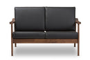 Carrie Walnut Wood Black Faux Leather 2-Seater Loveseat Baxton