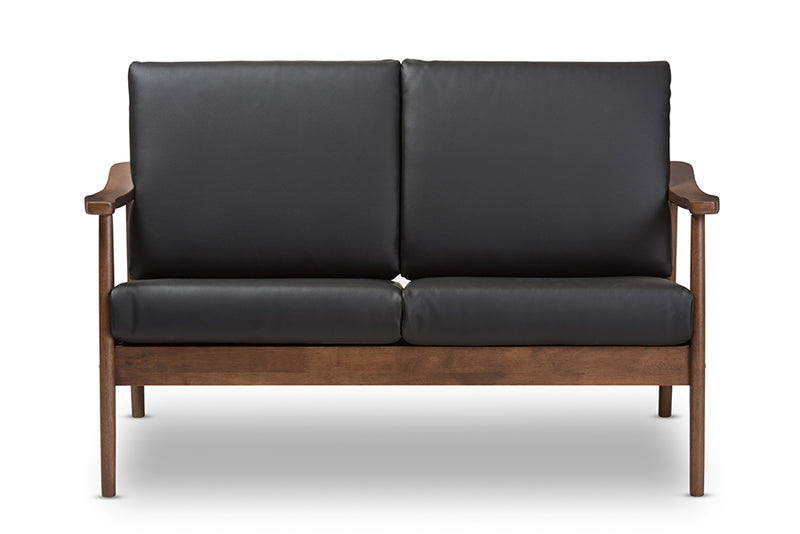 Carrie Mid-Century Modern Walnut Wood Black Faux Leather 2-Seater Loveseat