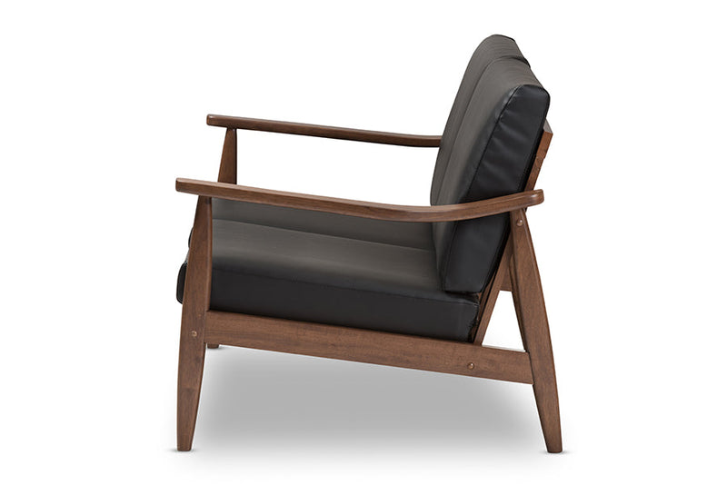 Carrie Walnut Wood Black Faux Leather 2-Seater Loveseat Baxton