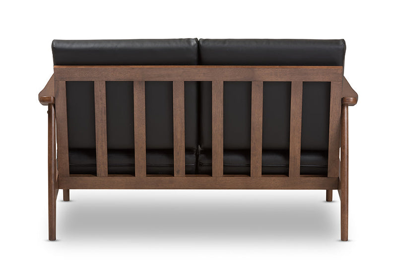 Carrie Walnut Wood Black Faux Leather 2-Seater Loveseat Baxton