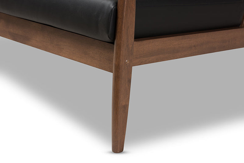 Carrie Walnut Wood Black Faux Leather 2-Seater Loveseat Baxton