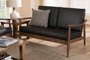 Carrie Walnut Wood Black Faux Leather 2-Seater Loveseat Baxton