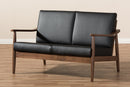 Carrie Walnut Wood Black Faux Leather 2-Seater Loveseat Baxton