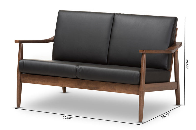 Carrie Walnut Wood Black Faux Leather 2-Seater Loveseat Baxton