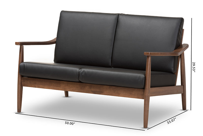 Carrie Mid-Century Modern Walnut Wood Black Faux Leather 2-Seater Loveseat