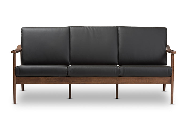 Carrie Mid-Century Modern Walnut Wood Black Faux Leather 3-Seater Sofa