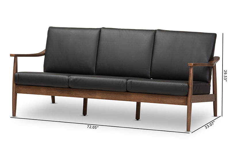 Carrie Mid-Century Modern Walnut Wood Black Faux Leather 3-Seater Sofa