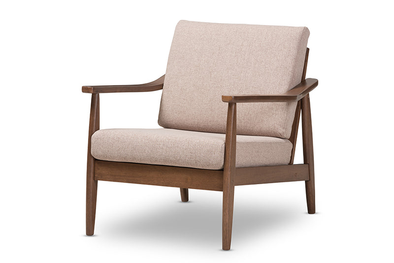 Carrie Mid-Century Modern Walnut Wood Light Brown Fabric Upholstered Lounge Chair